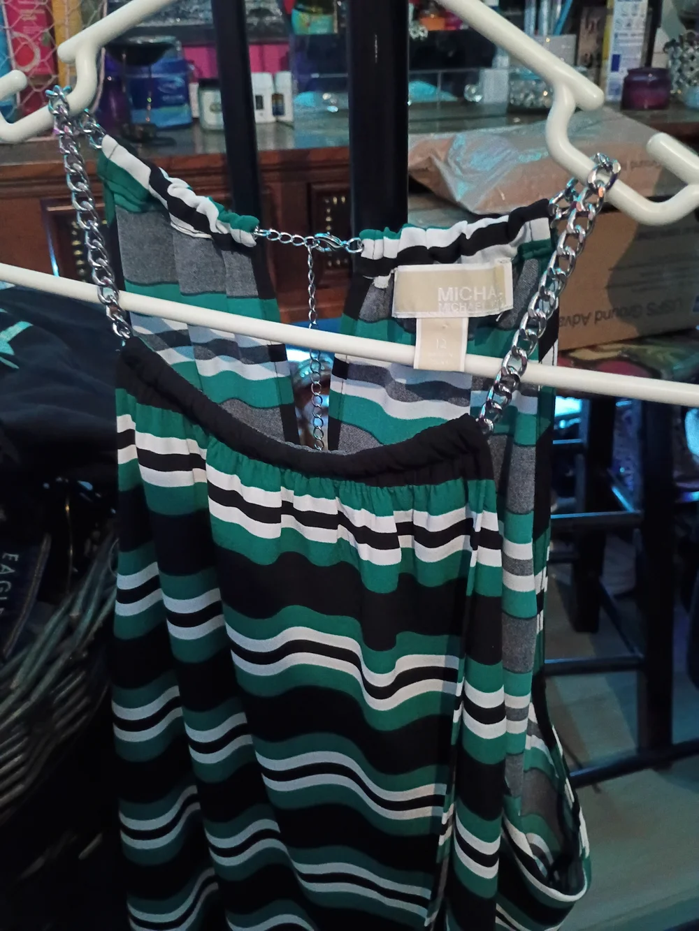 Michael Kors Black Green White Striped Chain-Shoulder Tank